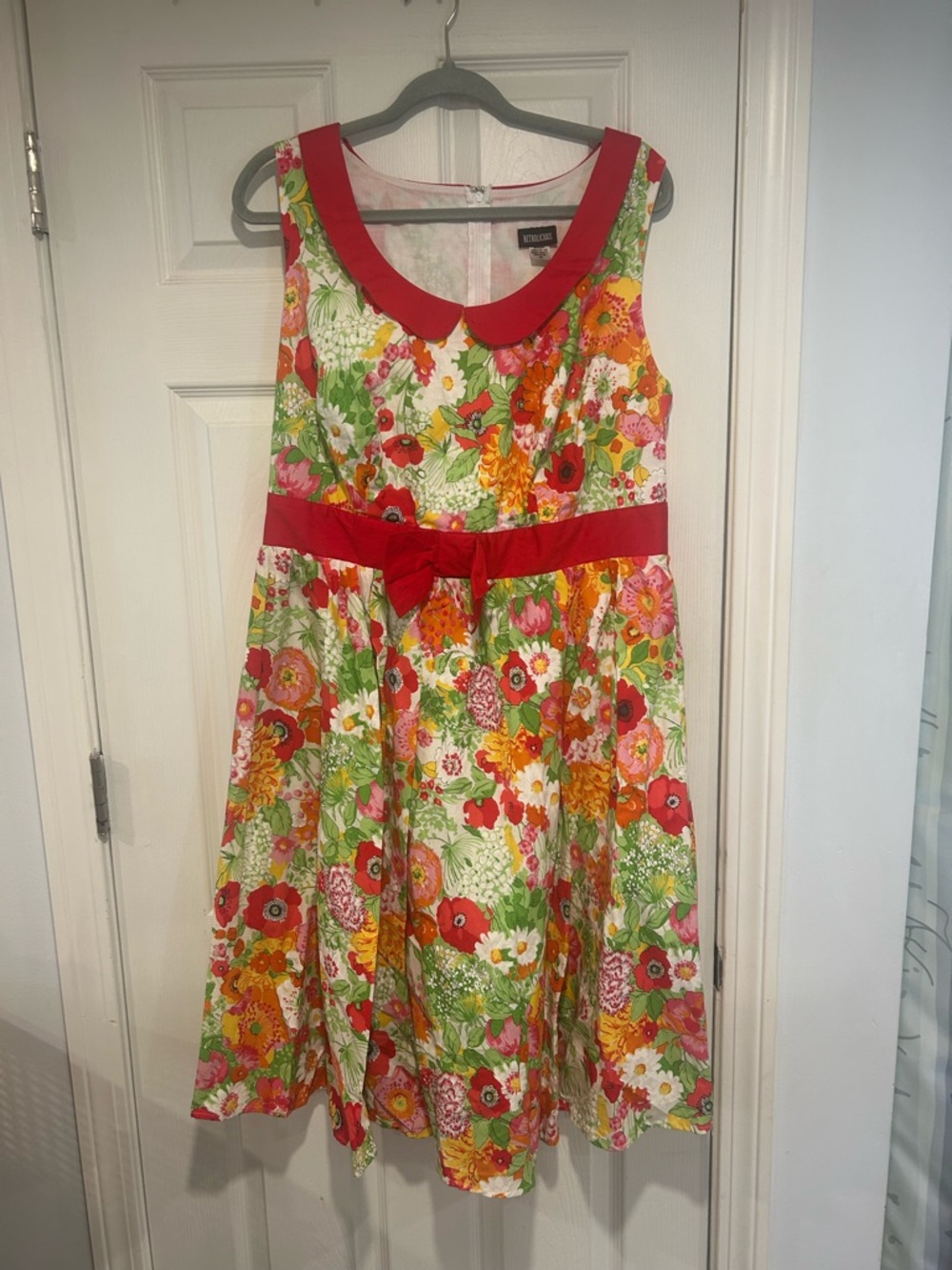 Retrolicious Floral Peter Pan Collar Fit and Flare Dress with Red Bow Belt